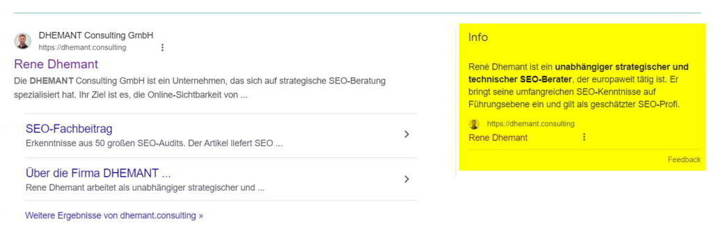Aktualisierte Informationen von Googles Entitäts-Graphen mit Daten aus der eigenen Quelle dhemant.consulting anstatt LinkedIn (vergleiche zu Bild oben)