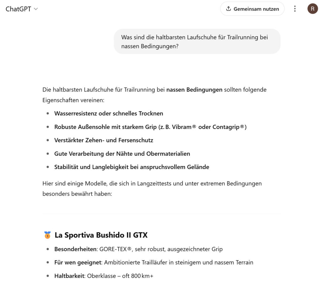 Chatgpt anfrage rag laufschuhe trailrunning