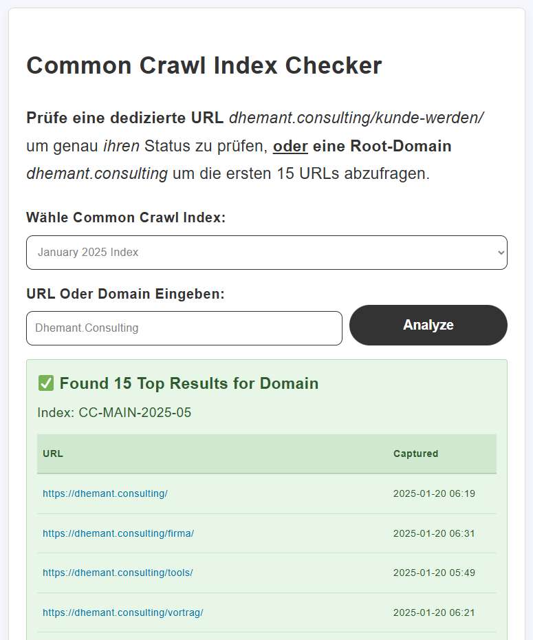 Ergebnis Domain Common Crawl Index Checker Tool