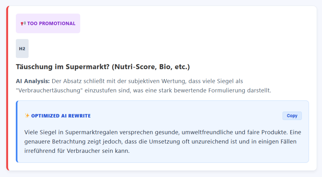 GEO-Checker Prüfergebnis Too Promotional
