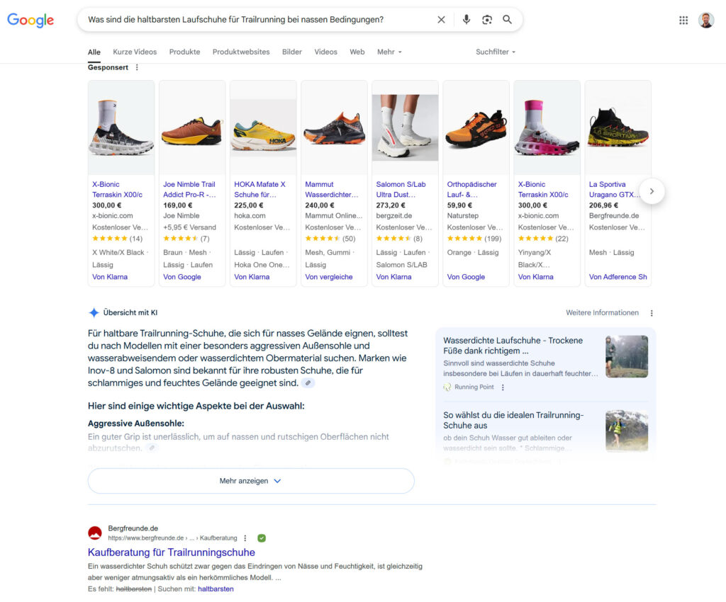 Google suche mit ki antworten laufschuhe trailrunning
