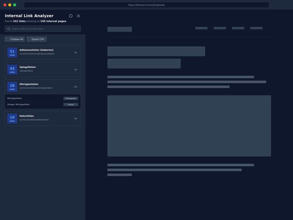 Der Darkmode des Internal Link Analyzer erlaubt auch nächtliche SEO-Analysen