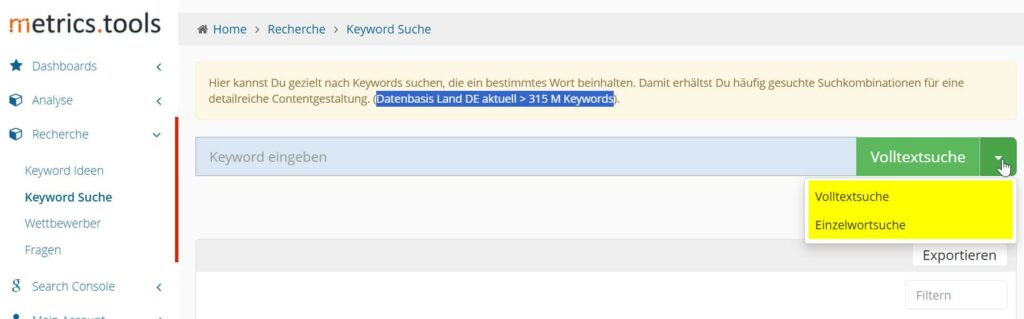 Professionelles Keyword-Recherche Tool mit 315 Millionen Keywords