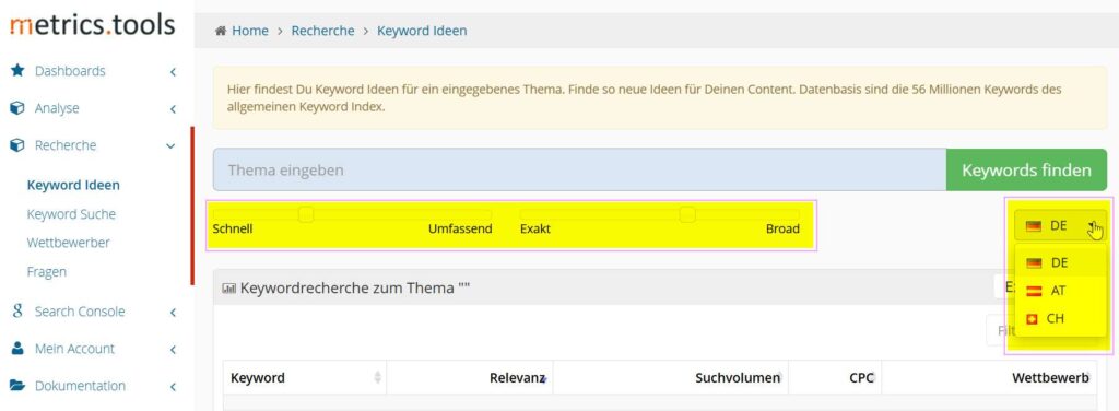 Professionelles Keyword-Recherche Tool Filtermöglichkeiten