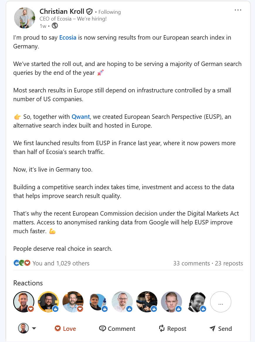 CEO of Ecosia Christian Kroll auf LinkedIn 