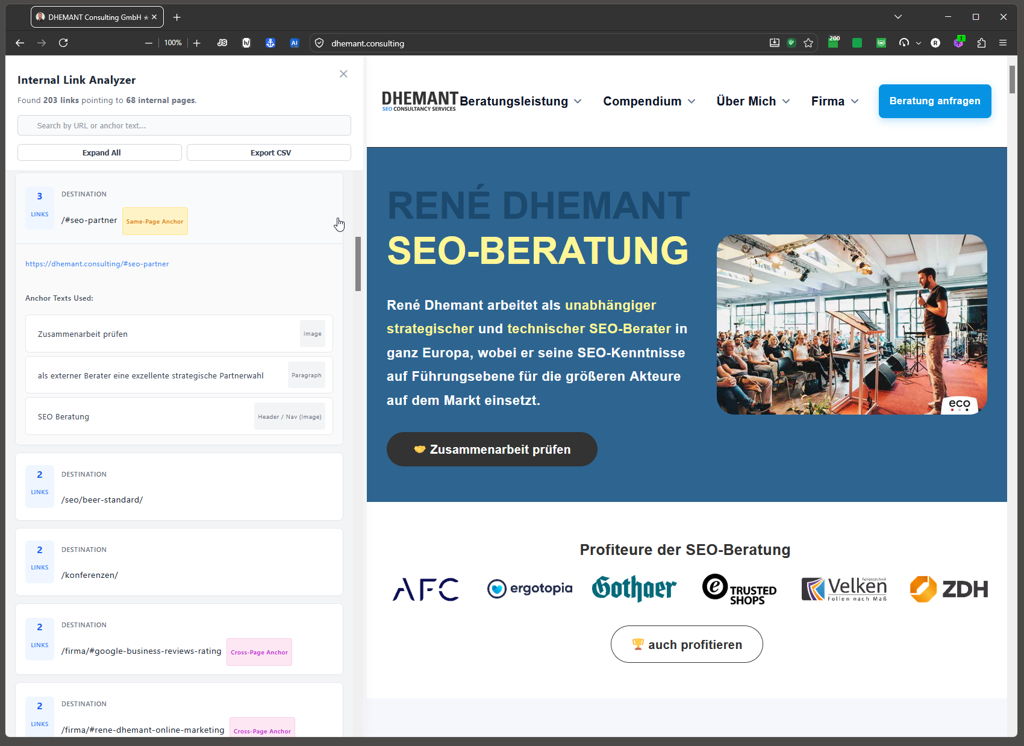 Die Browser-Erweiterung bietet eine übersichtliche Sidebar mit Link-Informationen